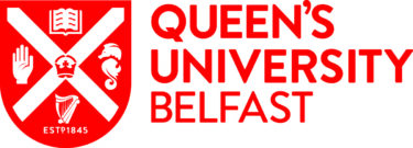 Queen's University Belfast logo depicting a coat of arms in red and white. There is a central cross with five symbols: a hand, a book, a seahorse and a harp. Established in 1845.