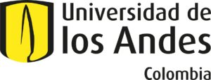 Universidad de los Andes Colombia logo depicting a black and yellow coat of arms, with an abstract black shape in the center.