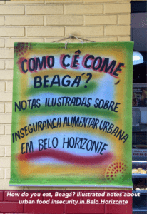 Illustrated booklet cover. The scene shows the edge of a snack bar. On a wall hangs a poster with the title of the booklet. It uses aesthetics and lettering typically used in local snack bars, fruit and vegetable stores, and street vendors in Belo Horizonte. There is written bold, largely, and in Portuguese: How do you eat, Beagá? Illustrated notes about urban food insecurity in Belo Horizonte.